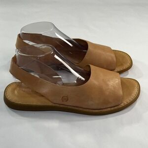 Born Inlet Sandals Womens 11 Tan Leather Slingback Peep Toe Flat Boho Casual EUC